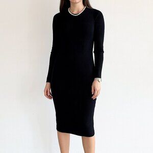 Vince Preppy Fall Ribbed Long Sleeve Sweater Knit Bodycon Midi Dress Black XS